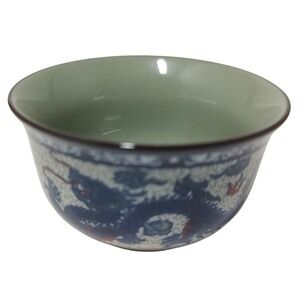 Asian Dragon Cup‎ Bowl Handpainted Porcelain Blue White Orange Small 2 in Wide